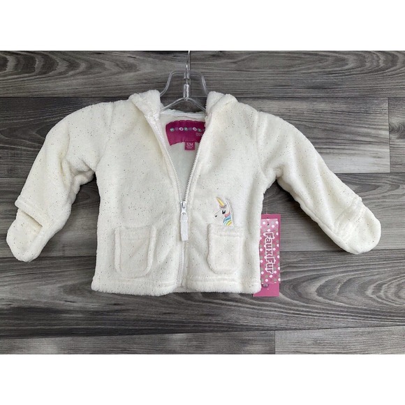 Wippette Kids Faux Fur Girls Zip Up Unicorn Sparkly Jacket Size 12 Months/white. - Picture 3 of 16